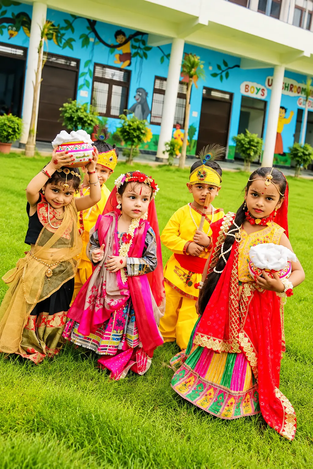 Students dressed as Radha and Krishna for Janmashtami